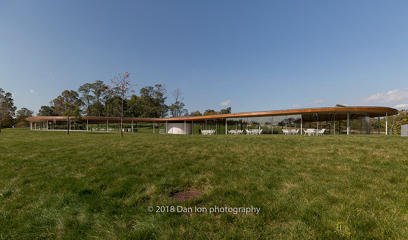 Grace Farms, the River as seen from the bottom. The Court at right, the Pavilion at left