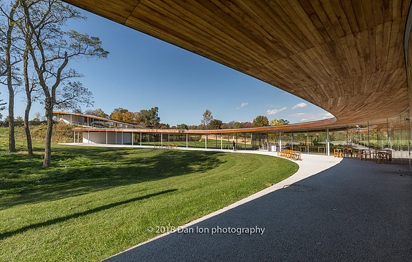 Grace Farms, the River, looking at the Commons, with the Library and the Sanctuary uphill