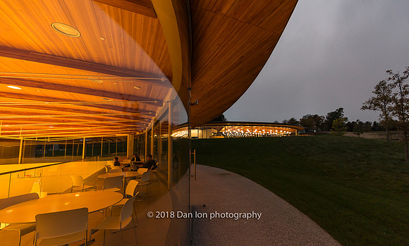Grace Farms, the River, the Court and the Commons at dusk