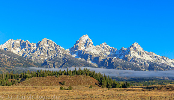 Teton Range. From left: Nez Perce peak, Middle Teton, Lower saddle, Grand Teton (13,770'), Gunsight Notch, Mt. Owen and Teewinot peak