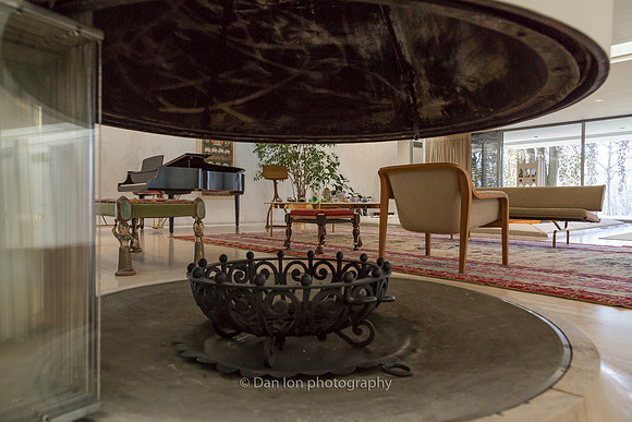Fireplace, Miller House, architect Eero Saarinen, designer Alexander Girard, and landscape architect Dan Kiley