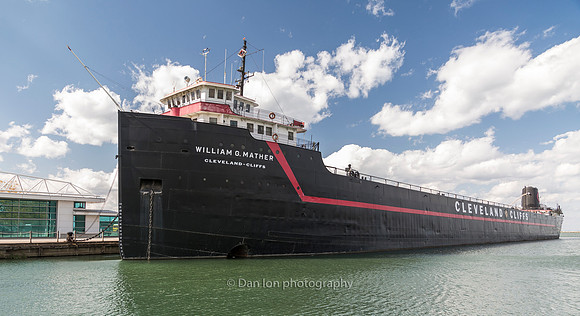 William G. Mather, a 618-foot historic Great Lakes freighter across from the Rock and Roll Hall of Fame, Cleveland