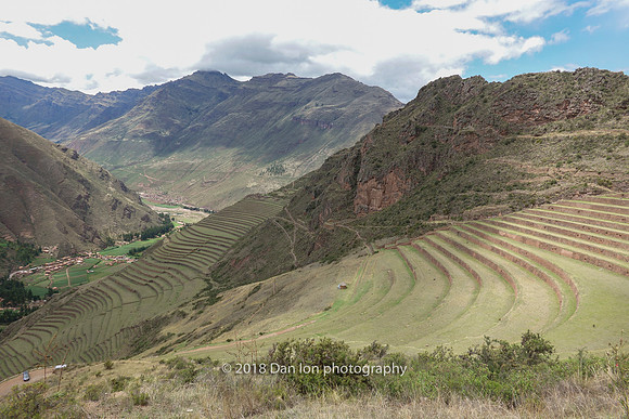 Inca agricultural terraces by Pisac archeological site, Sacred Valley, Andes